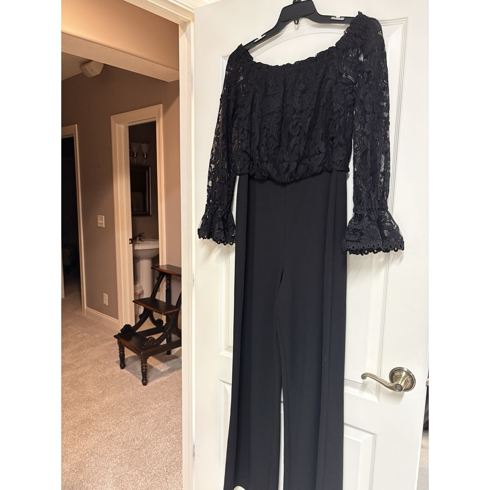 ADRIANNA PAPELL Black Off The Shoulder Lace Jumpsuit Size US XL NWOT - Picture 4 of 10